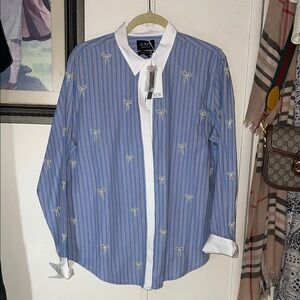 J. Crew Blue and White Striped Button-Down Shirt with Embroidered Pearl Bows
